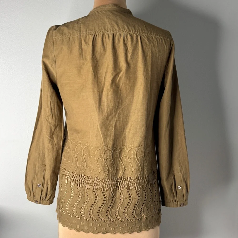 J.Crew Olive Green 100% Cotton Button-Up Women's Top Embroidery Lace Embroidered - Picture 4 of 11